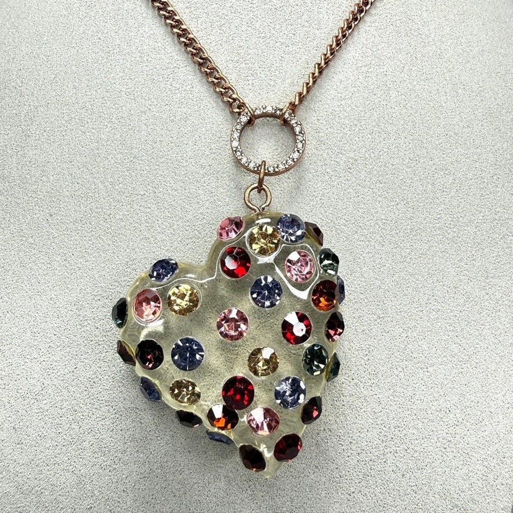 Betsey Johnson Multi-Color Rhinestone Lucite Puffy Heart Necklace 40" Long Opera